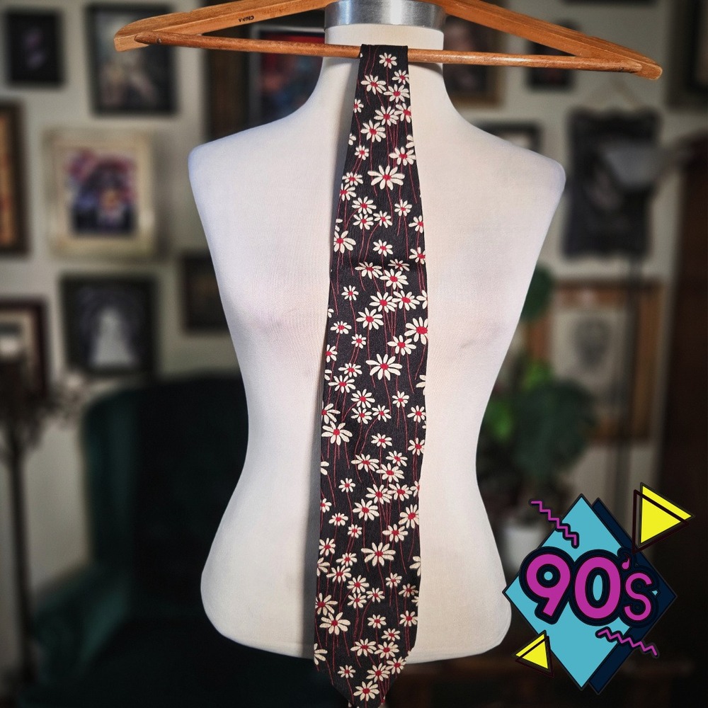 Structure Silk Tie Vintage 90s Black Red‎ White Floral Daisy Print Necktie USA